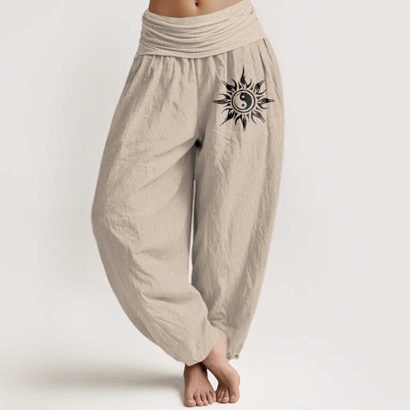 Buddha Stones Pantalones harem de algodón puro con estampado de sol y yin para mujer con cintura elástica. - Broncearse - US16，UK/AU20，EU48 (3XL) - image 11