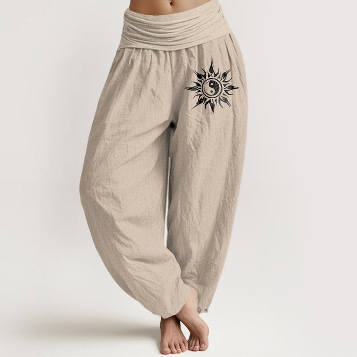 Buddha Stones Pantalones harem de algodón puro con estampado de sol y yin para mujer con cintura elástica. - Broncearse - US16，UK/AU20，EU48 (3XL) - image 11