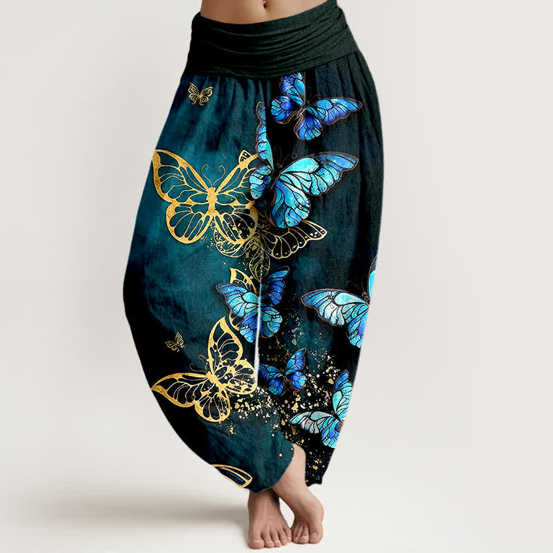 Buddha Stones Pantalones harem de algodón con estampado artístico de mariposas brillantes y cintura elástica para mujer. - Verde azulado - US16，UK/AU20，EU48 (3XL) - image 0