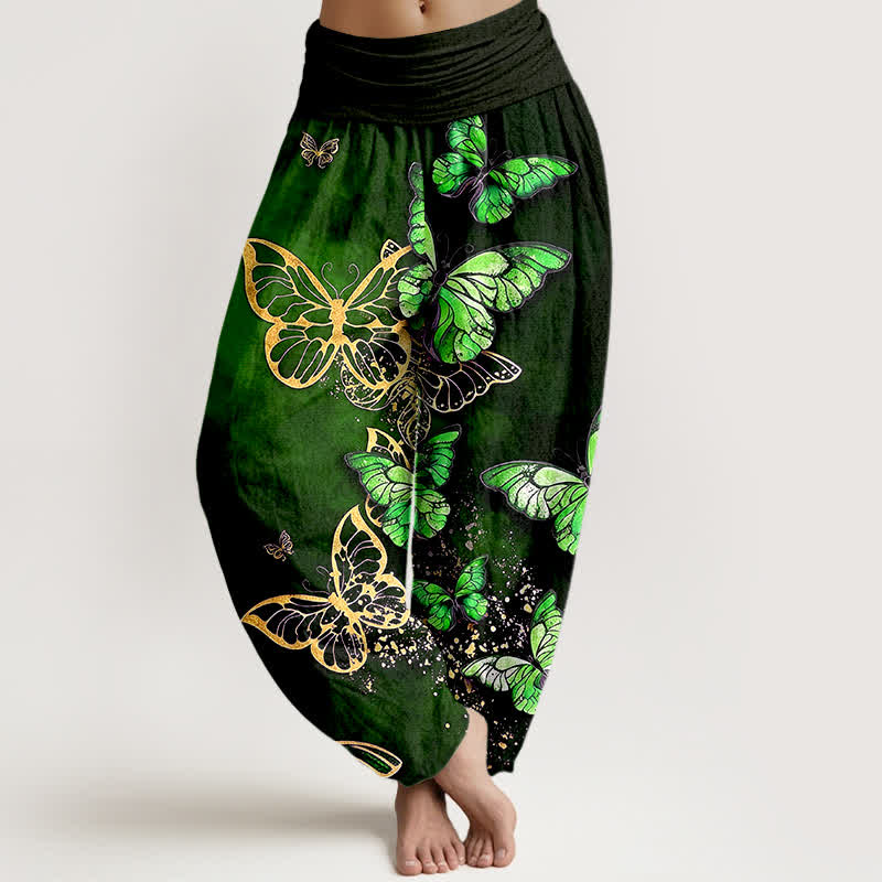 Buddha Stones Pantalones harem de algodón con estampado artístico de mariposas brillantes y cintura elástica para mujer. - Verde bosque - US16，UK/AU20，EU48 (3XL) - image 5
