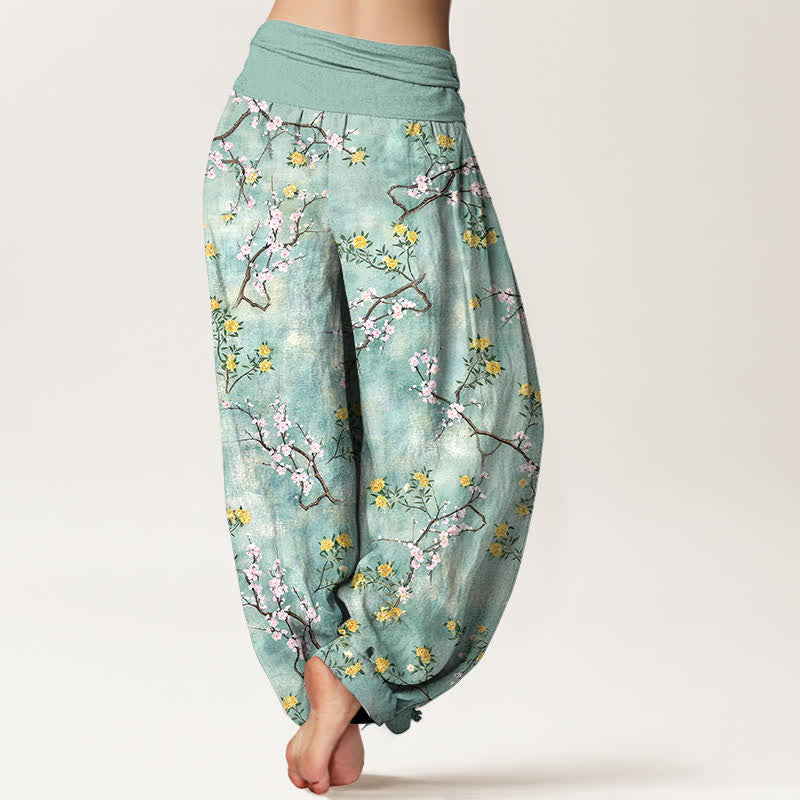 Buddha Stones Pantalones harem de algodón con estampado floral botánico y de ramas para mujer con cintura elástica. - image 2