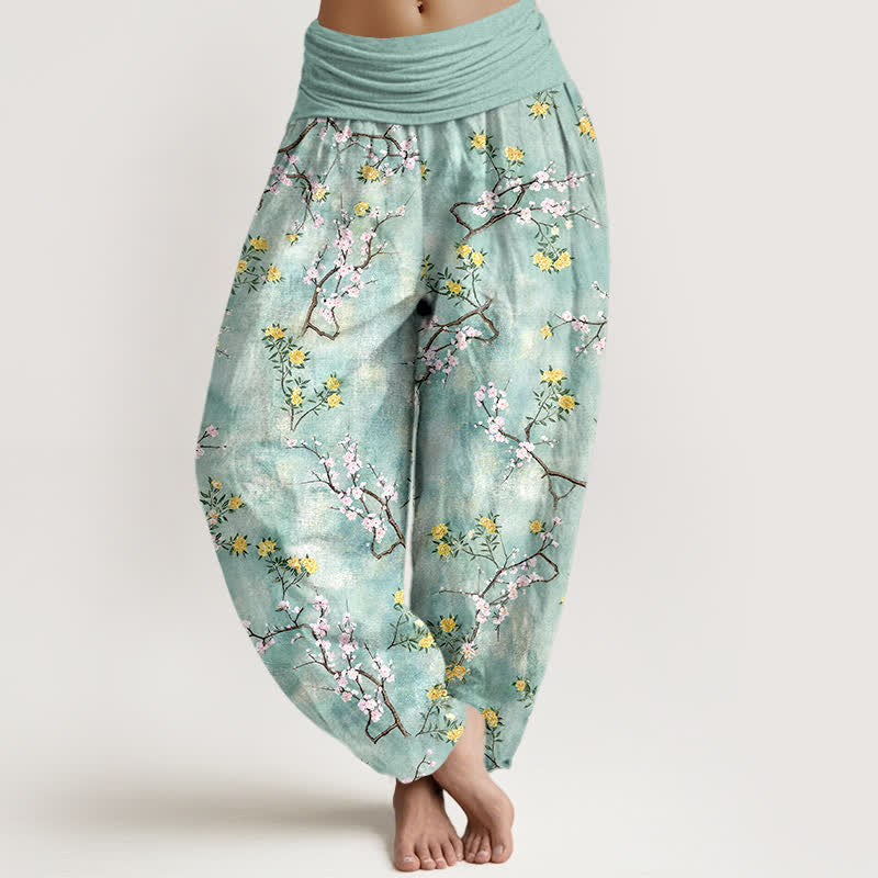 Buddha Stones Pantalones harem de algodón con estampado floral botánico y de ramas para mujer con cintura elástica. - Aguamarina - US16，UK/AU20，EU48 (3XL) - image 0