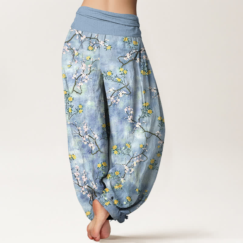 Buddha Stones Pantalones harem de algodón con estampado floral botánico y de ramas para mujer con cintura elástica. - image 7