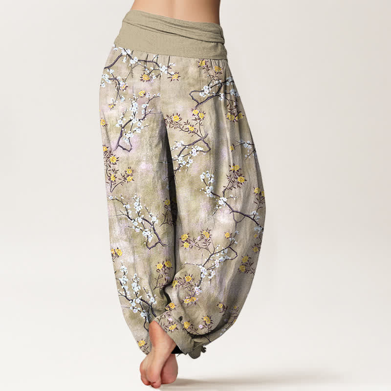 Buddha Stones Pantalones harem de algodón con estampado floral botánico y de ramas para mujer con cintura elástica. - image 10