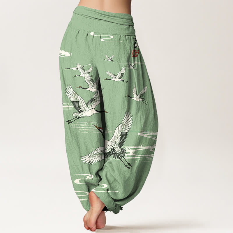 Buddha Stones Pantalones harem de algodón con estampado de grullas orientales y cintura elástica para mujer. - image 2