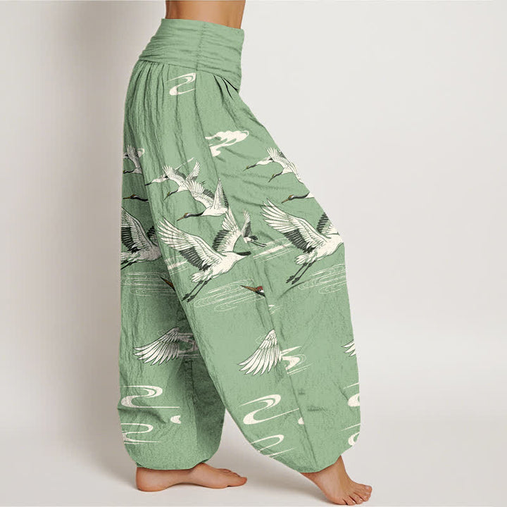 Buddha Stones Pantalones harem de algodón con estampado de grullas orientales y cintura elástica para mujer. - image 1