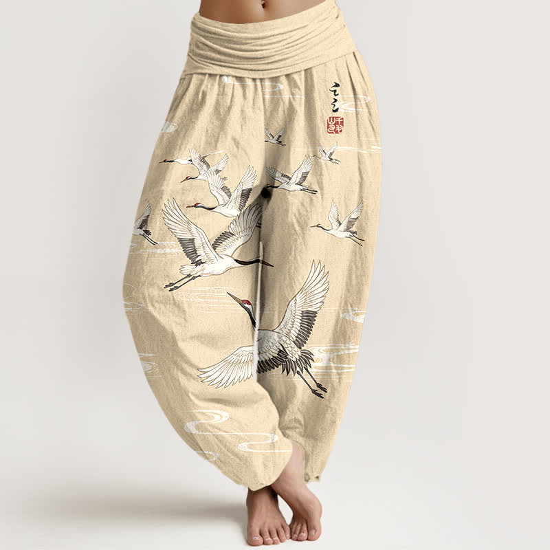 Buddha Stones Pantalones harem de algodón con estampado de grullas orientales y cintura elástica para mujer. - Chifón de limón - US16，UK/AU20，EU48 (3XL) - image 5