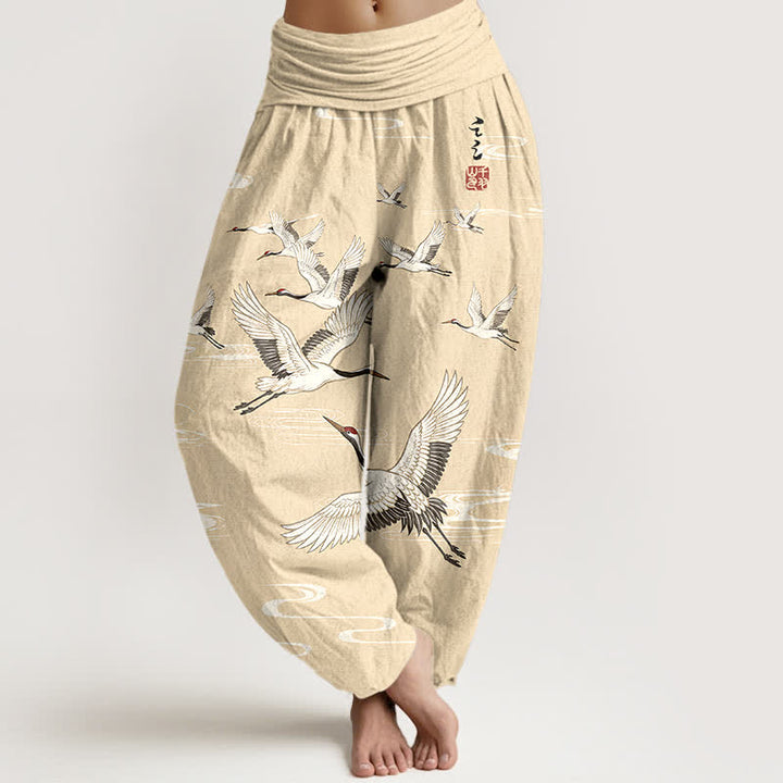 Buddha Stones Pantalones harem de algodón con estampado de grullas orientales y cintura elástica para mujer. - Chifón de limón - US16，UK/AU20，EU48 (3XL) - image 5