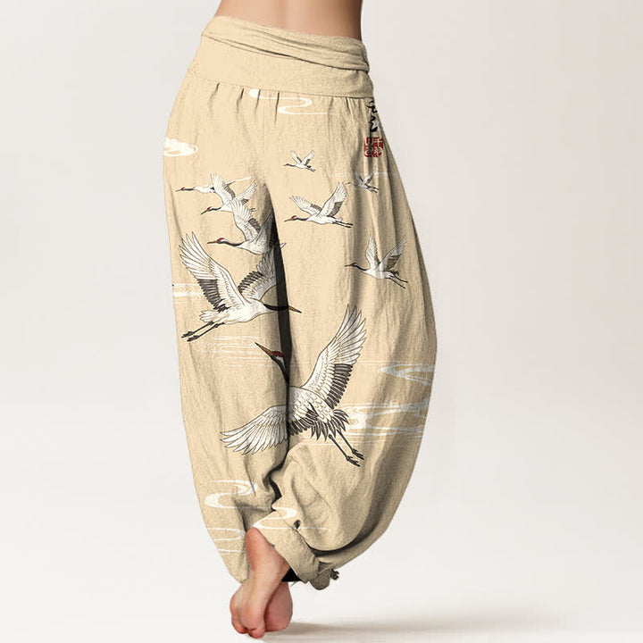Buddha Stones Pantalones harem de algodón con estampado de grullas orientales y cintura elástica para mujer. - image 7