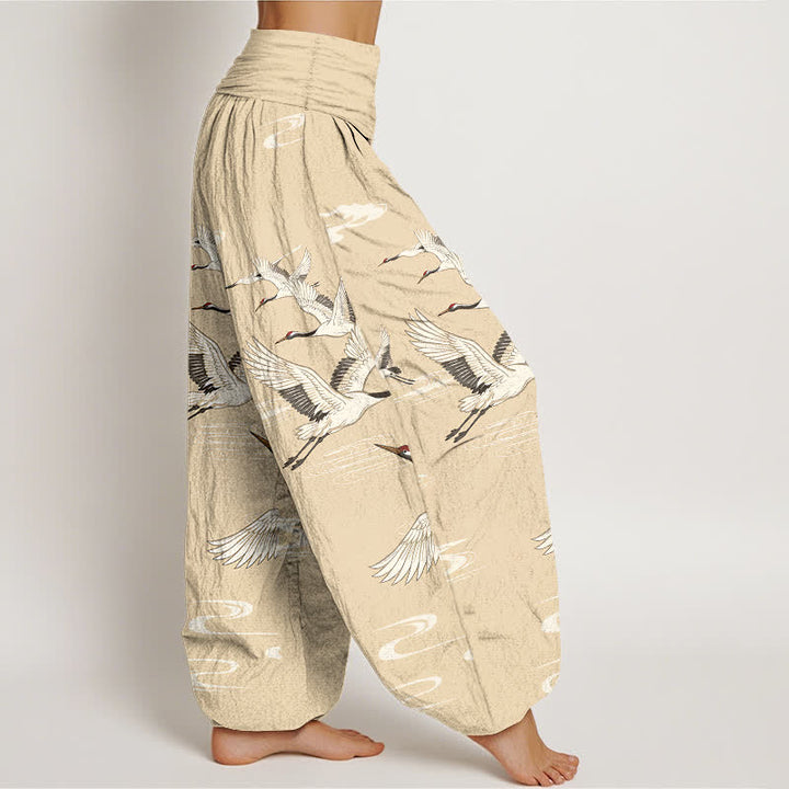 Buddha Stones Pantalones harem de algodón con estampado de grullas orientales y cintura elástica para mujer. - image 6