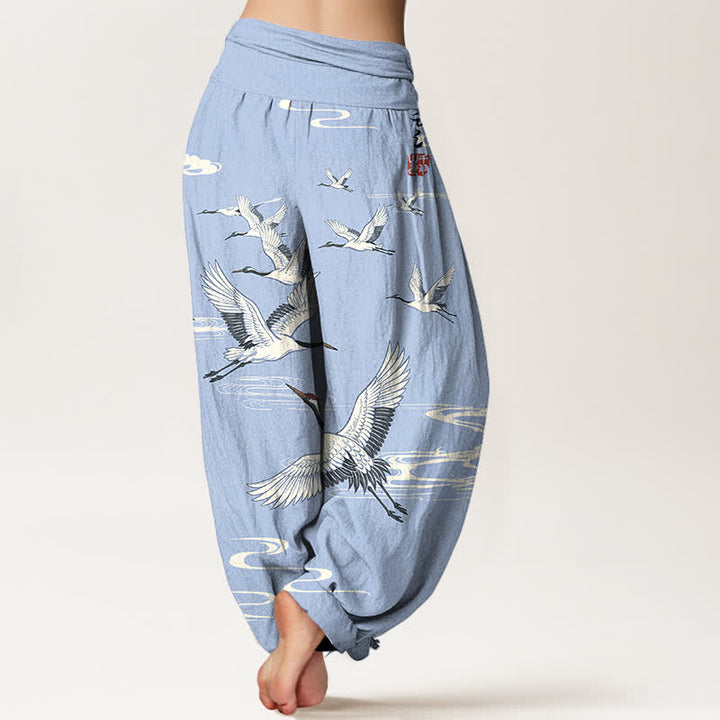 Buddha Stones Pantalones harem de algodón con estampado de grullas orientales y cintura elástica para mujer. - image 10