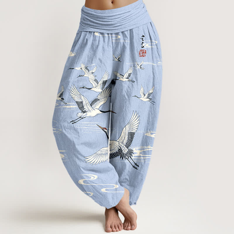 Buddha Stones Pantalones harem de algodón con estampado de grullas orientales y cintura elástica para mujer. - Azul claro - US16，UK/AU20，EU48 (3XL) - image 8