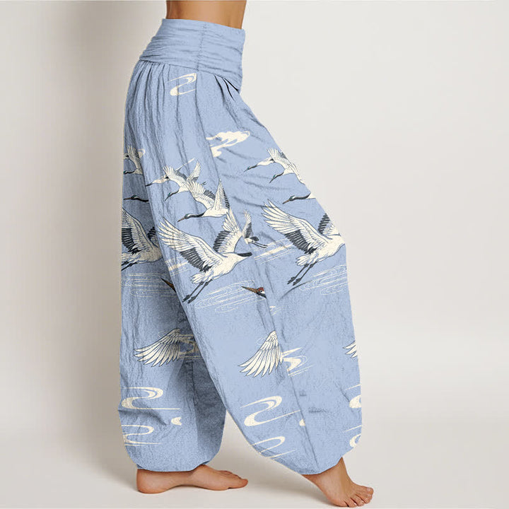 Buddha Stones Pantalones harem de algodón con estampado de grullas orientales y cintura elástica para mujer. - image 9