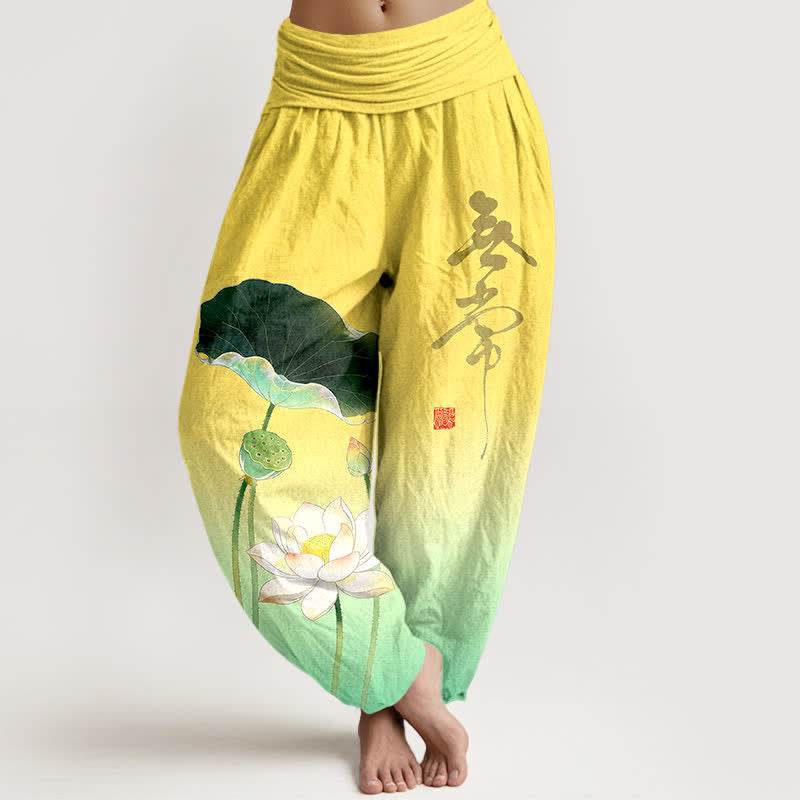 Buddha Stones Pantalones harem de algodón con elegante estampado de flor de loto para mujer, con cintura elástica. - Amarillo - US16，UK/AU20，EU48 (3XL) - image 0