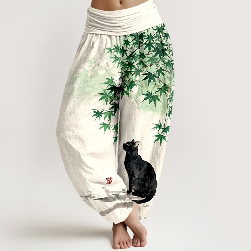 Buddha Stones Pantalones harem de mujer con cintura elástica y estampado de gato y hojas de arce de algodón. - Verdemar - US16，UK/AU20，EU48 (3XL) - image 0