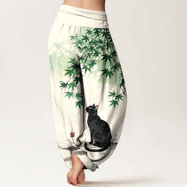 Buddha Stones Pantalones harem de mujer con cintura elástica y estampado de gato y hojas de arce de algodón. - image 2
