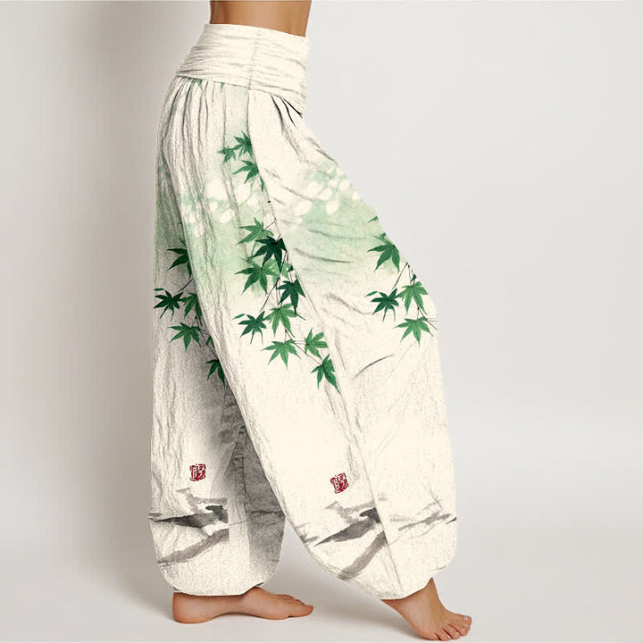 Buddha Stones Pantalones harem de mujer con cintura elástica y estampado de gato y hojas de arce de algodón. - image 1