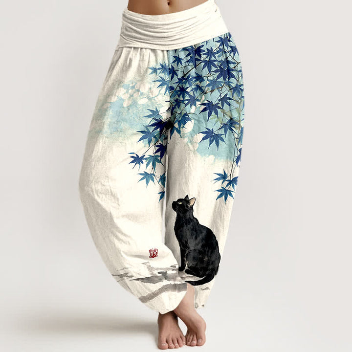 Buddha Stones Pantalones harem de mujer con cintura elástica y estampado de gato y hojas de arce de algodón. - Azul - US16，UK/AU20，EU48 (3XL) - image 5