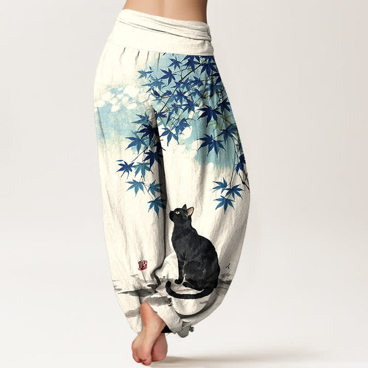 Buddha Stones Pantalones harem de mujer con cintura elástica y estampado de gato y hojas de arce de algodón. - image 7
