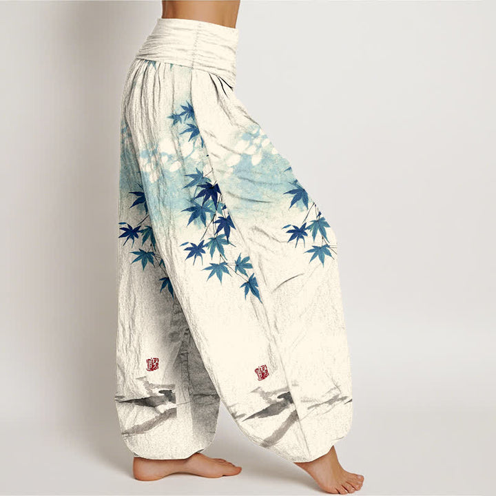 Buddha Stones Pantalones harem de mujer con cintura elástica y estampado de gato y hojas de arce de algodón. - image 6