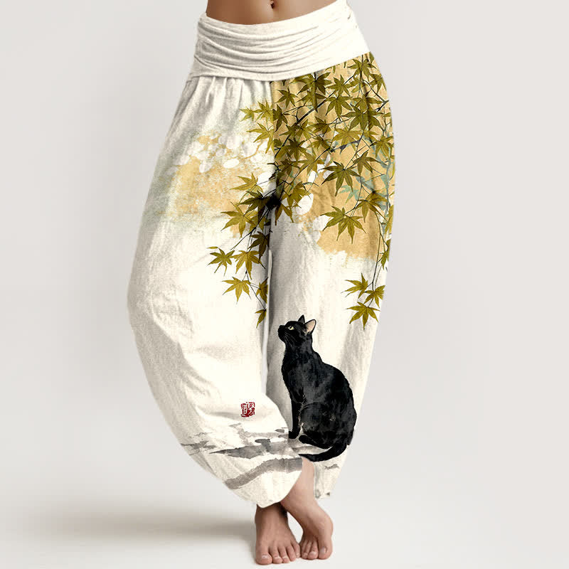 Buddha Stones Pantalones harem de mujer con cintura elástica y estampado de gato y hojas de arce de algodón. - vara de oro - US16，UK/AU20，EU48 (3XL) - image 8