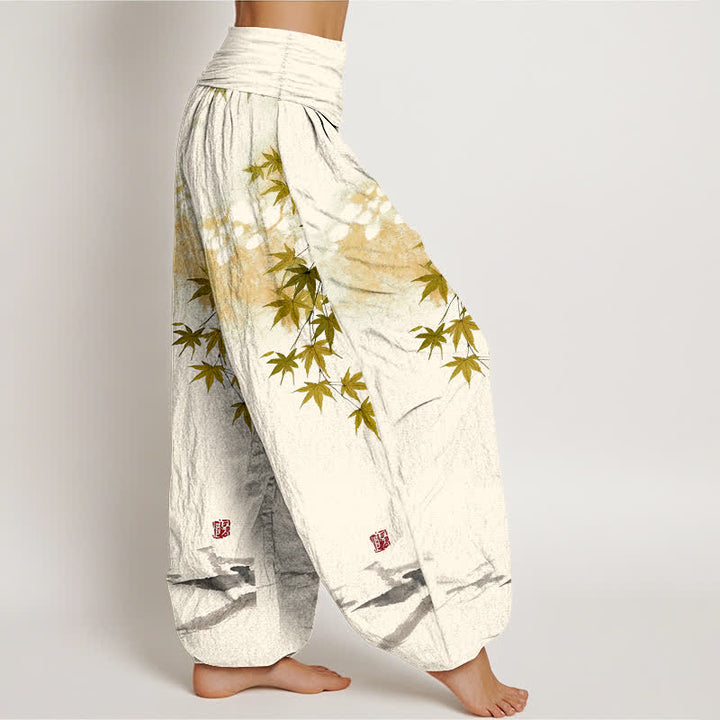 Buddha Stones Pantalones harem de mujer con cintura elástica y estampado de gato y hojas de arce de algodón. - image 9