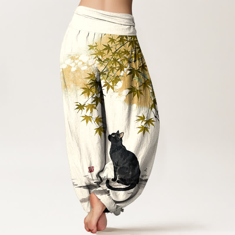 Buddha Stones Pantalones harem de mujer con cintura elástica y estampado de gato y hojas de arce de algodón. - image 10