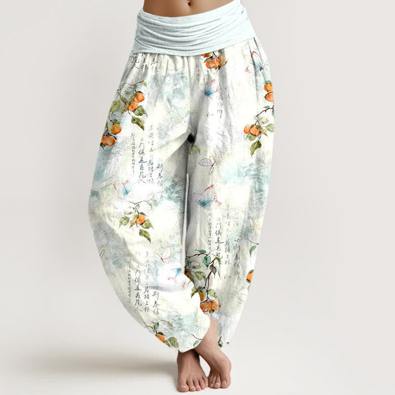 Buddha Stones Pantalones harem de mujer con cintura elástica y estampado de mariposas cítricas con caligrafía en tinta de algodón. - Cian claro - US16，UK/AU20，EU48 (3XL) - image 0