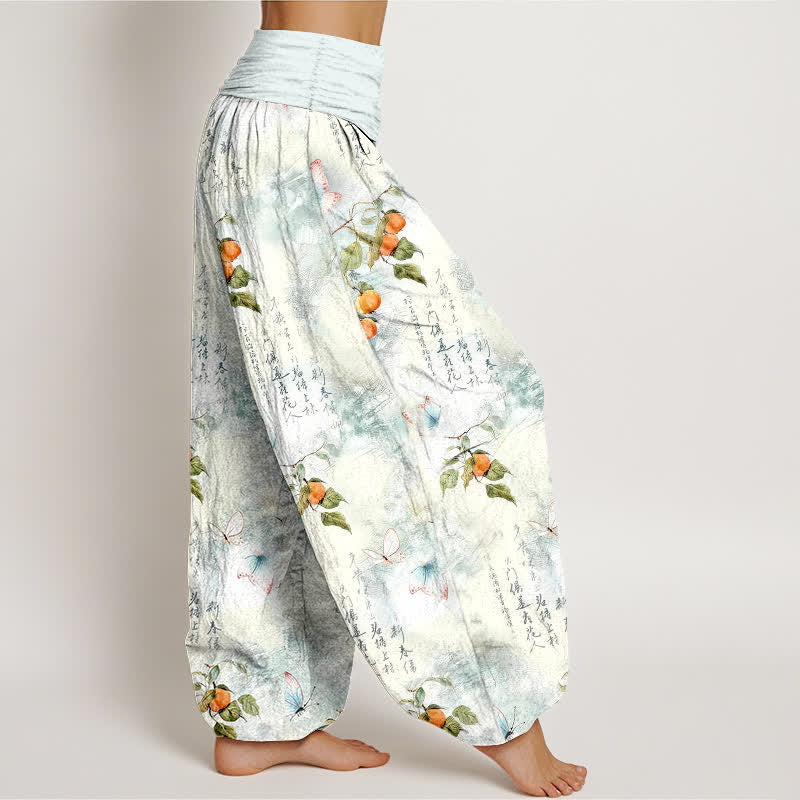 Buddha Stones Pantalones harem de mujer con cintura elástica y estampado de mariposas cítricas con caligrafía en tinta de algodón. - image 1