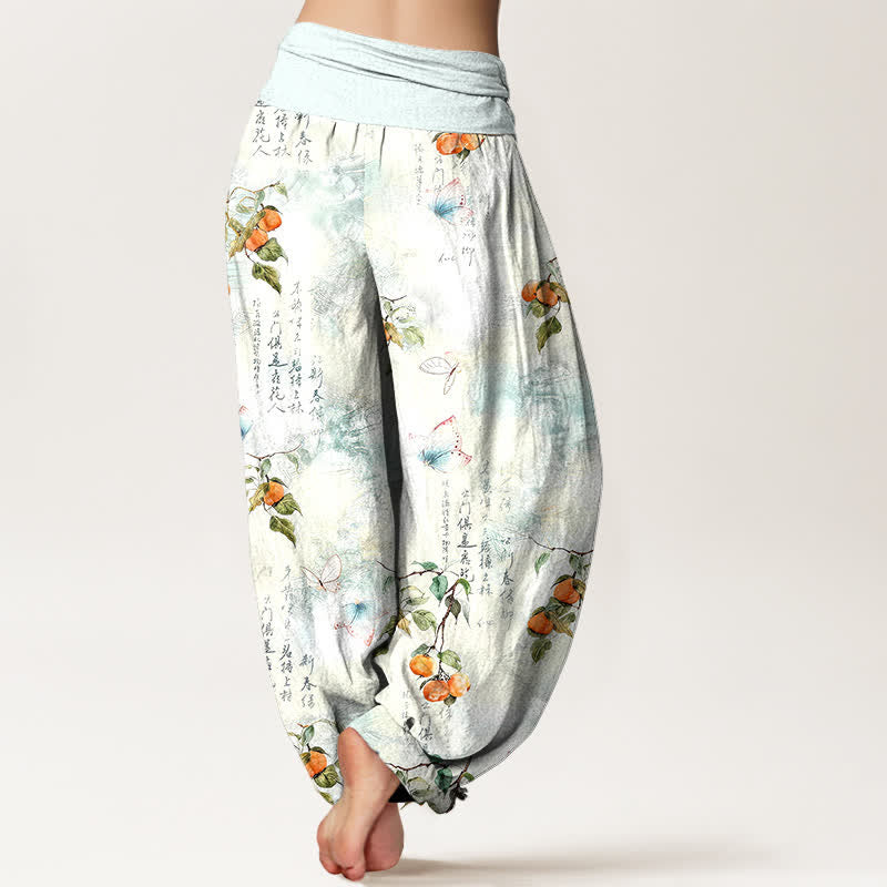 Buddha Stones Pantalones harem de mujer con cintura elástica y estampado de mariposas cítricas con caligrafía en tinta de algodón. - image 2
