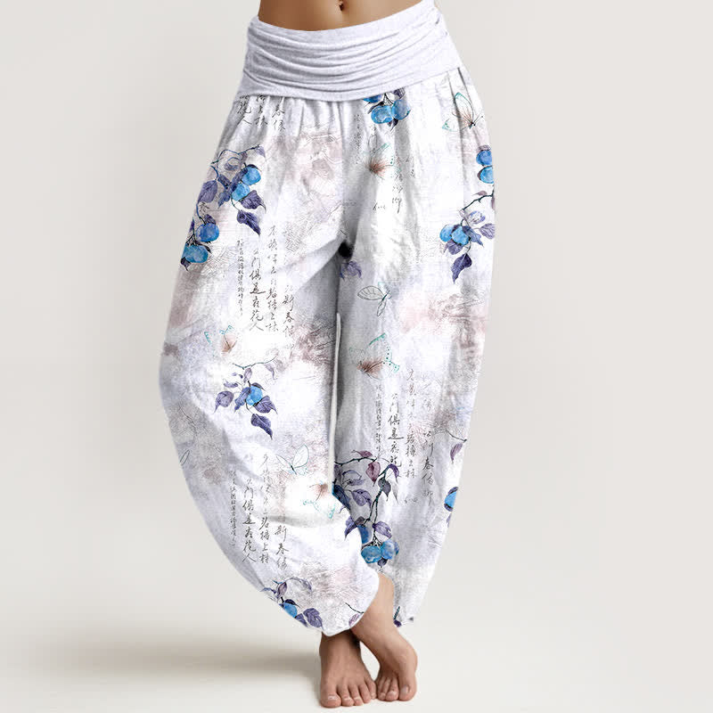 Buddha Stones Pantalones harem de mujer con cintura elástica y estampado de mariposas cítricas con caligrafía en tinta de algodón. - Lavanda - US16，UK/AU20，EU48 (3XL) - image 5
