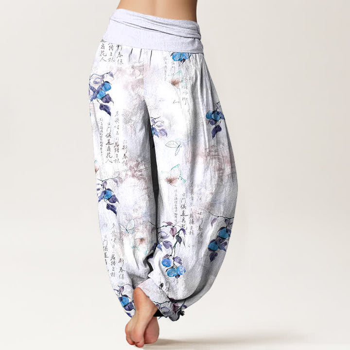 Buddha Stones Pantalones harem de mujer con cintura elástica y estampado de mariposas cítricas con caligrafía en tinta de algodón. - image 7