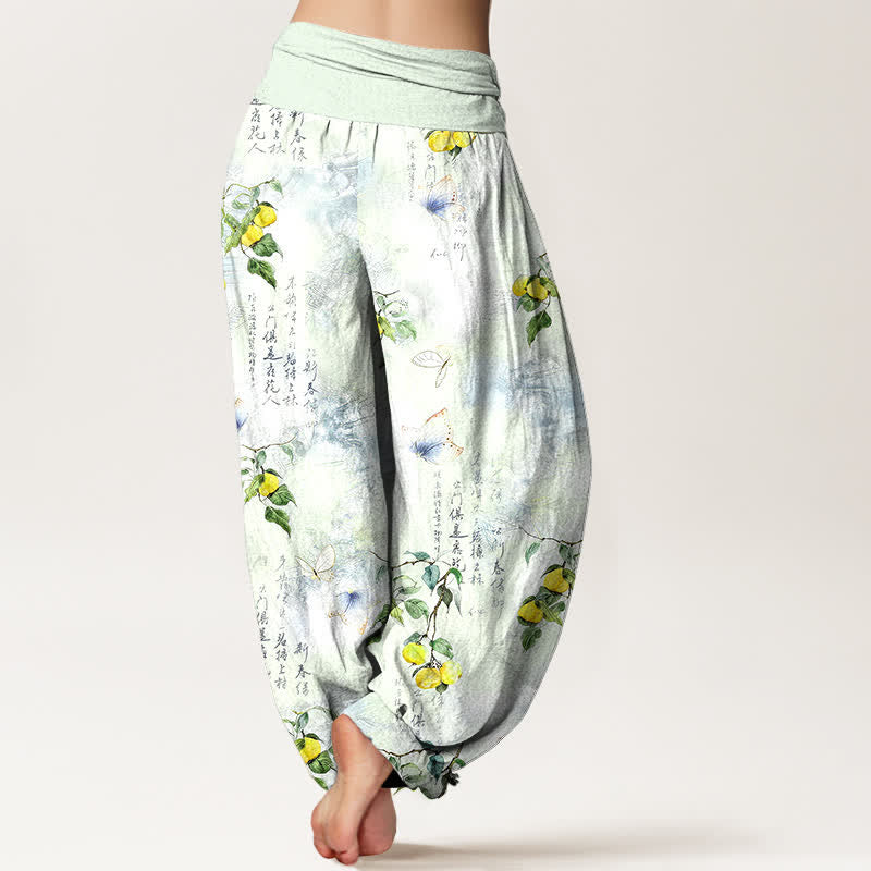 Buddha Stones Pantalones harem de mujer con cintura elástica y estampado de mariposas cítricas con caligrafía en tinta de algodón. - image 10