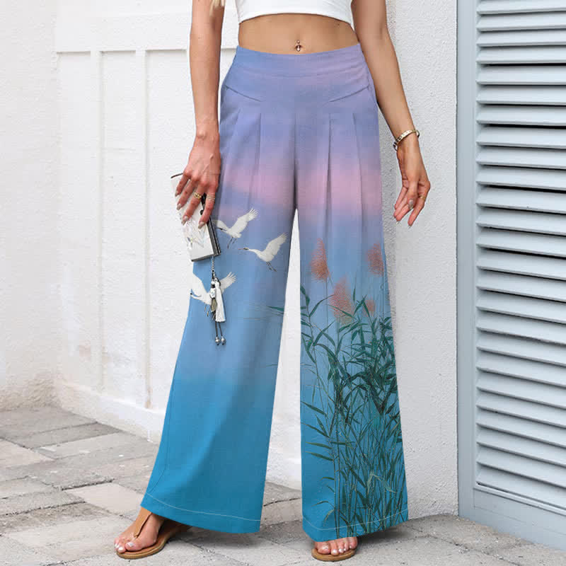 Buddha Stones Pantalones de mujer de algodón y lino con estampado degradado de grullas y cañas, cintura elástica, pernera ancha y bolsillos. - image 1