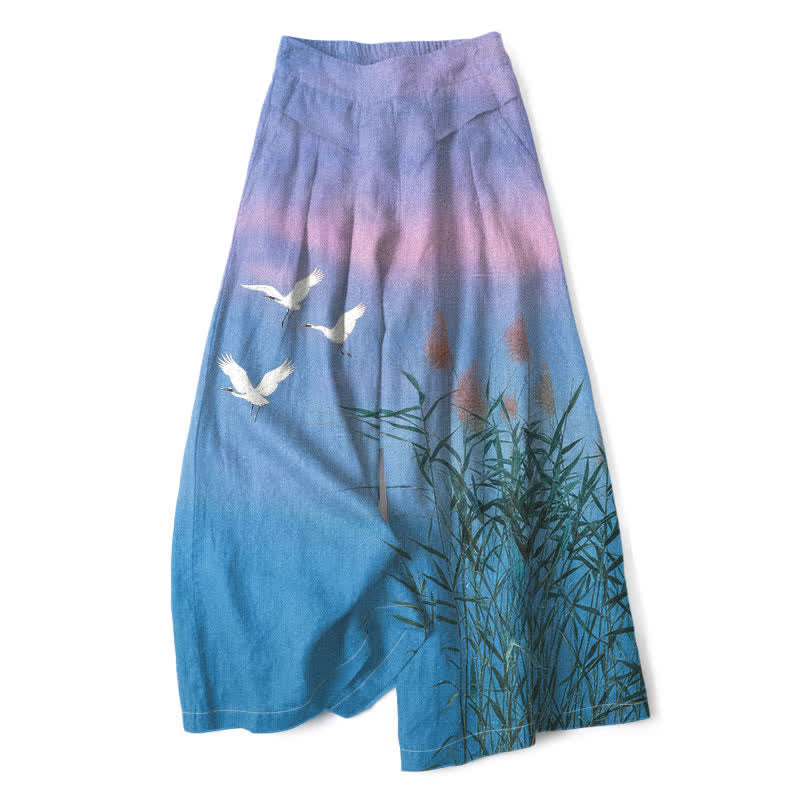 Buddha Stones Pantalones de mujer de algodón y lino con estampado degradado de grullas y cañas, cintura elástica, pernera ancha y bolsillos. - Azul cielo profundo - US16，UK/AU20，EU48 (3XL) - image 0