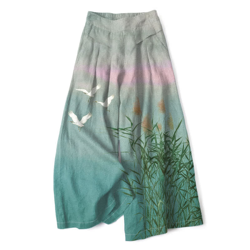 Buddha Stones Pantalones de mujer de algodón y lino con estampado degradado de grullas y cañas, cintura elástica, pernera ancha y bolsillos. - Turquesa - US16，UK/AU20，EU48 (3XL) - image 4
