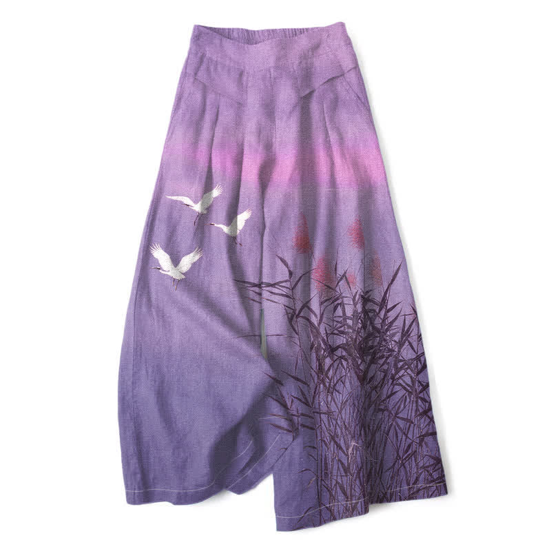 Buddha Stones Pantalones de mujer de algodón y lino con estampado degradado de grullas y cañas, cintura elástica, pernera ancha y bolsillos. - Morado medio - US16，UK/AU20，EU48 (3XL) - image 6