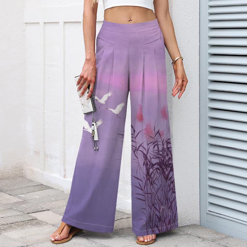 Buddha Stones Pantalones de mujer de algodón y lino con estampado degradado de grullas y cañas, cintura elástica, pernera ancha y bolsillos. - image 7