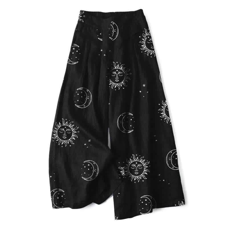 Buddha Stones Pantalones de mujer de lino y algodón con estampado de sol y luna celestiales, cintura elástica, pernera ancha y bolsillos. - Negro - US16，UK/AU20，EU48 (3XL) - image 0