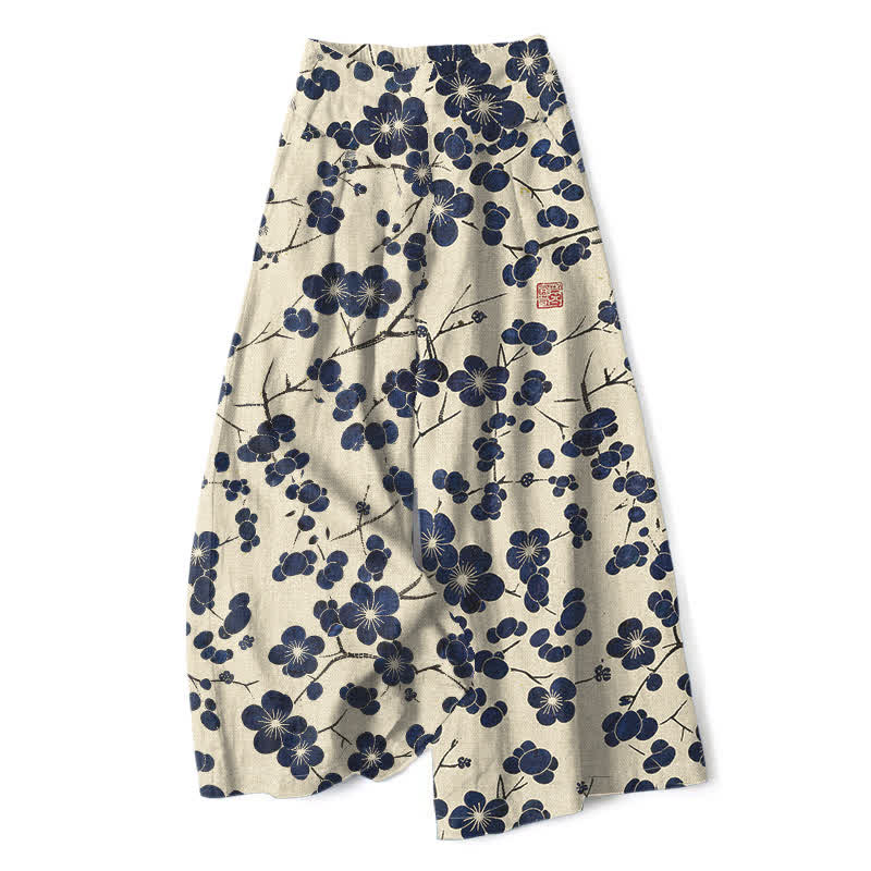Buddha Stones Pantalones de mujer de algodón y lino con estampado floral índigo vintage, cintura elástica y pernera ancha con bolsillos. - Beige - US16，UK/AU20，EU48 (3XL) - image 0