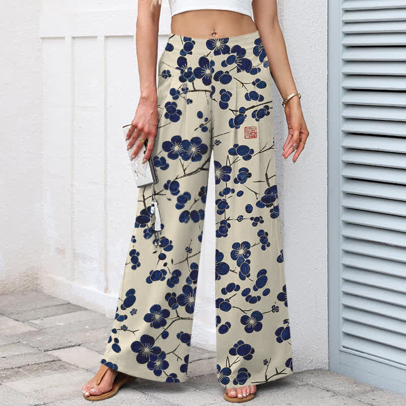 Buddha Stones Pantalones de mujer de algodón y lino con estampado floral índigo vintage, cintura elástica y pernera ancha con bolsillos. - image 1