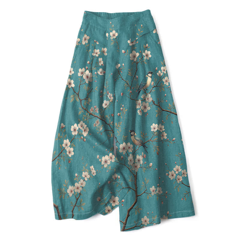 Buddha Stones Pantalones de mujer de algodón y lino con estampado floral vintage de pájaros, cintura elástica y pernera ancha con bolsillos. - Turquesa medio - US16，UK/AU20，EU48 (3XL) - image 0