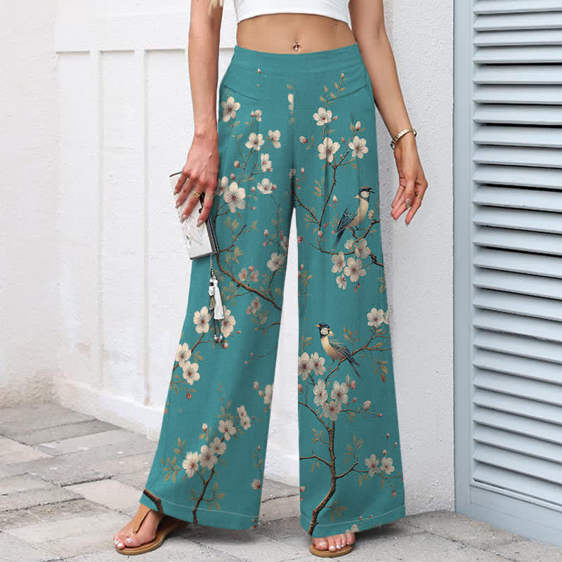 Buddha Stones Pantalones de mujer de algodón y lino con estampado floral vintage de pájaros, cintura elástica y pernera ancha con bolsillos. - image 1