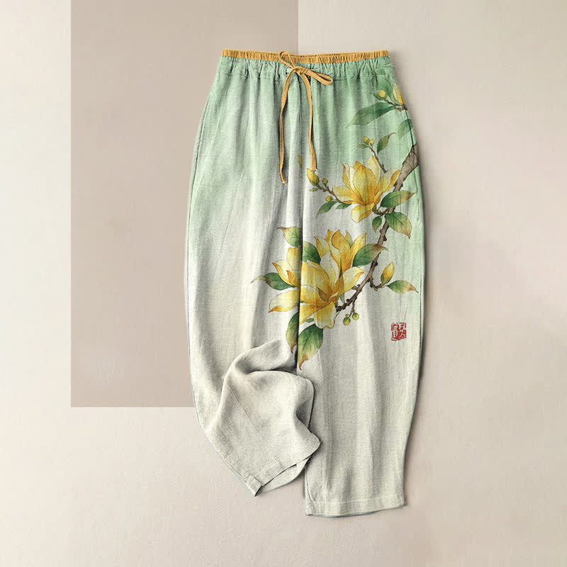 Buddha Stones Pantalones de mujer de algodón puro con estampado de magnolias y cintura elástica con bolsillos. - Verde pálido - US16，UK/AU20，EU48 (3XL) - image 0