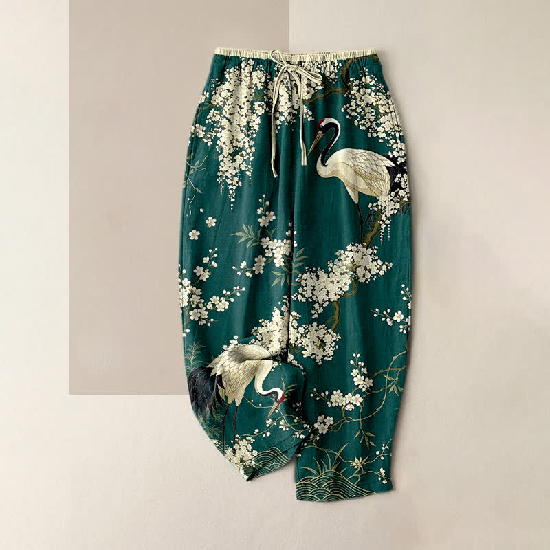 Buddha Stones Pantalones de mujer de algodón puro con estampado floral de grulla oriental y cintura elástica con bolsillos. - Verde azulado - US16，UK/AU20，EU48 (3XL) - image 0