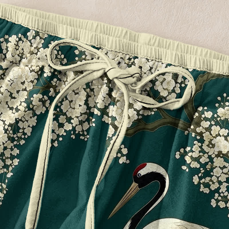 Buddha Stones Pantalones de mujer de algodón puro con estampado floral de grulla oriental y cintura elástica con bolsillos. - image 1
