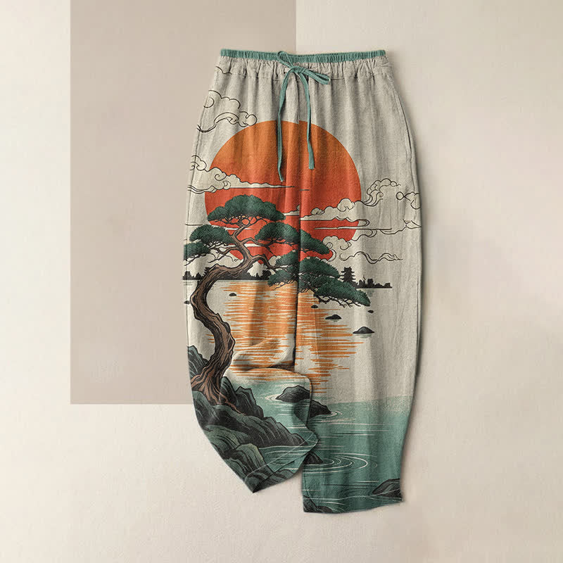 Buddha Stones Pantalones de mujer de algodón puro con estampado artístico de pinos al atardecer y cintura elástica con bolsillos. - Aguamarina medio - US16，UK/AU20，EU48 (3XL) - image 0