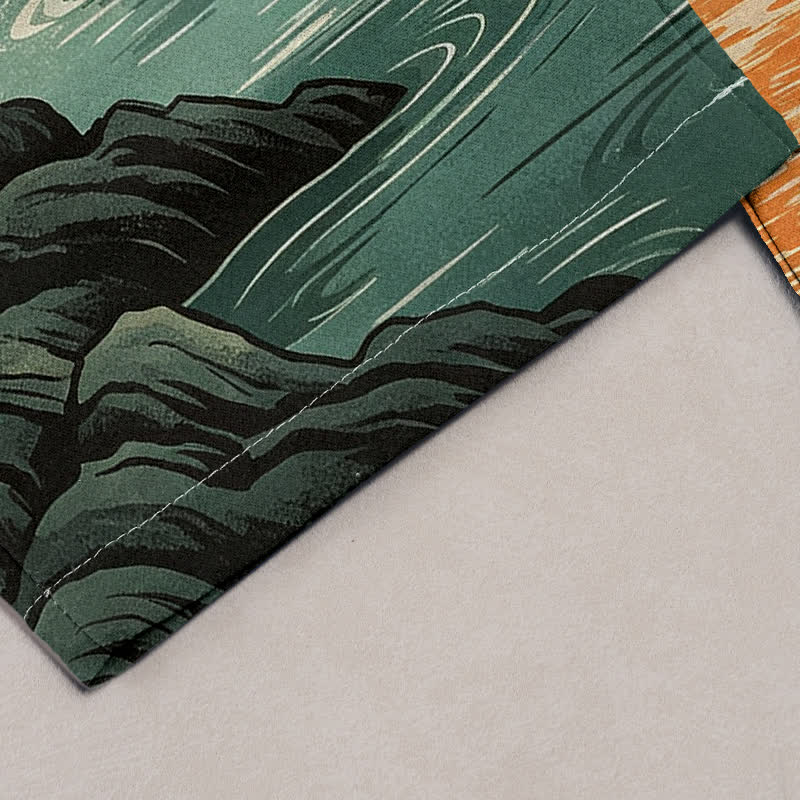 Buddha Stones Pantalones de mujer de algodón puro con estampado artístico de pinos al atardecer y cintura elástica con bolsillos. - image 1