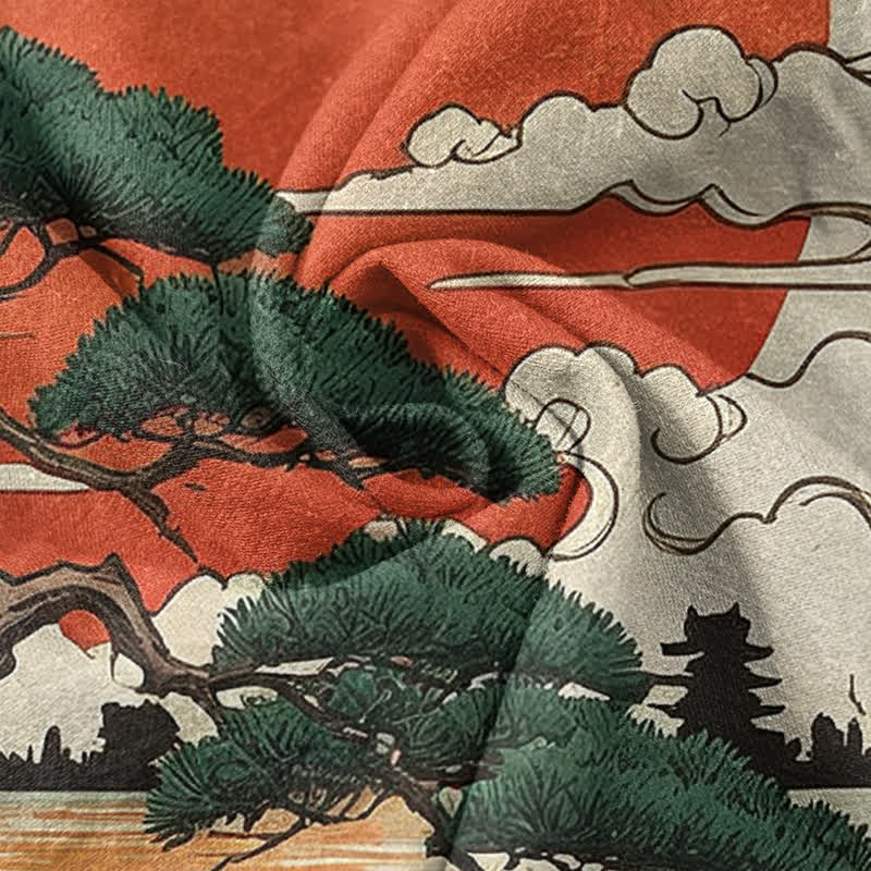 Buddha Stones Pantalones de mujer de algodón puro con estampado artístico de pinos al atardecer y cintura elástica con bolsillos. - image 2