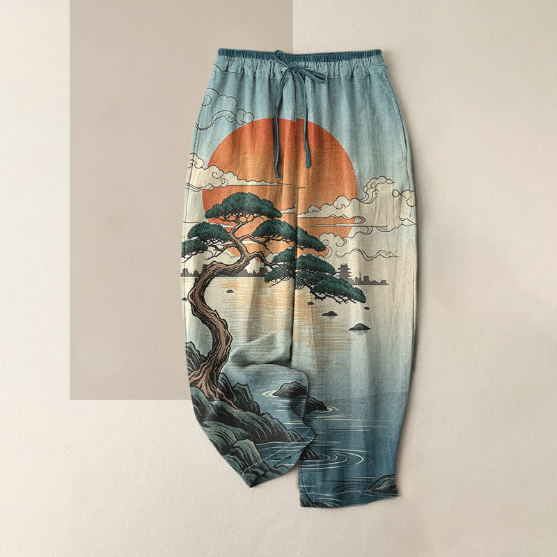 Buddha Stones Pantalones de mujer de algodón puro con estampado artístico de pinos al atardecer y cintura elástica con bolsillos. - Azul cadete - US16，UK/AU20，EU48 (3XL) - image 3